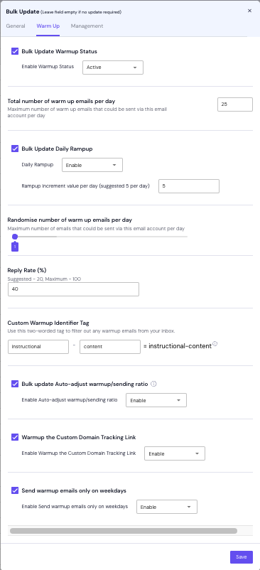 Smartlead warming settings