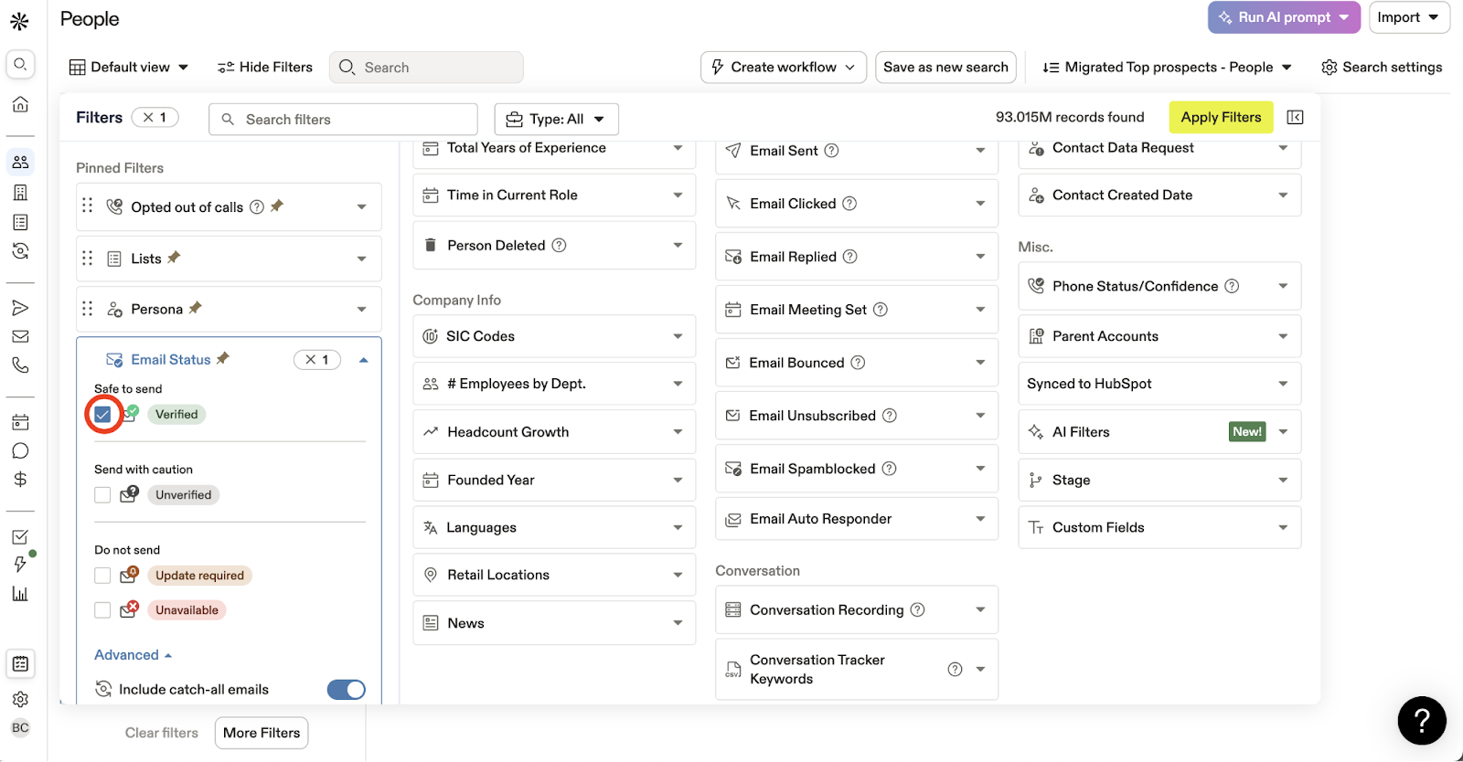 Apollo.io people search email verified filter